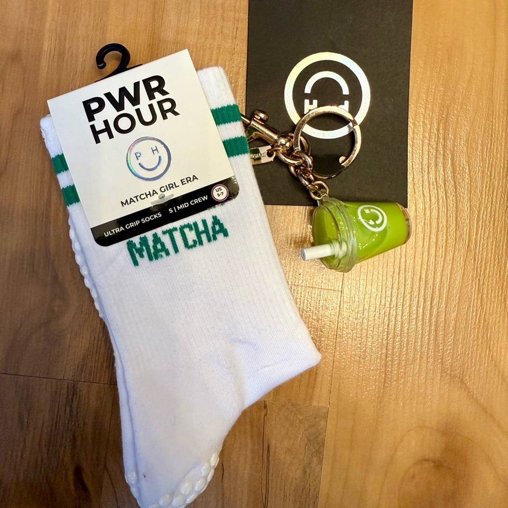 NWT Pilates & Matcha Ultra Mid-Crew Grip Socks and Keychain Set: PWR Hour